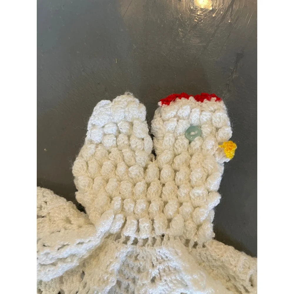 VTG Handmade Crochet Chicken Doily Toaster Cover Rooster Potholder Set Farmhouse